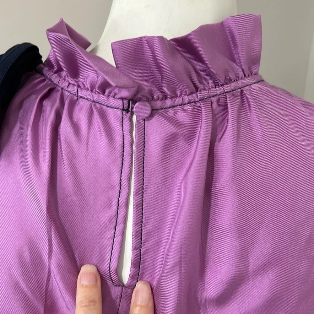 J Crew Collection silk twill top with fixed bow Purple Navy Blue Bow Sz S NEW